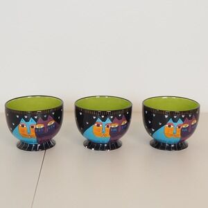 Laurel Burch Ganz Whimsical Cat Ceramic Footed Bowls set of 3 Art Carlotta Heart